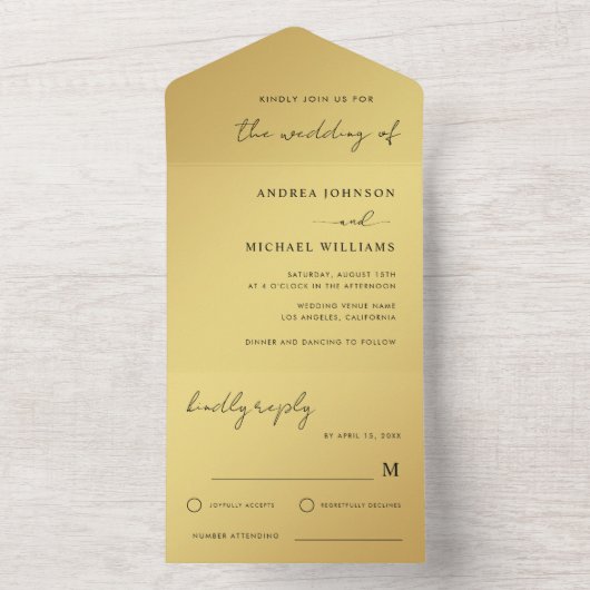 Goud & Zwart Modern Handgeschreven Script Bruiloft All In One Uitnodiging (Binnen)