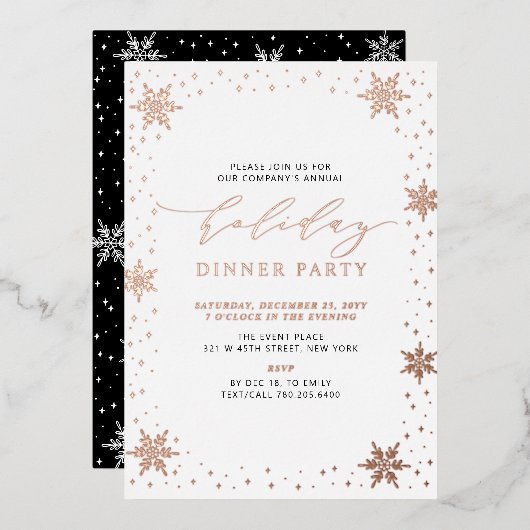 Goud & Zwart Modern Kerstmis Vakantie Diner Party Folie Uitnodiging (Voorkant / Achterkant)