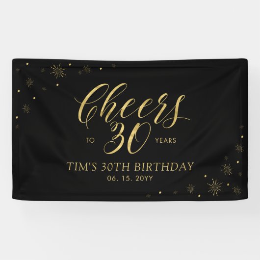 Goud & Zwart Modern Proost 30e Verjaardagsfeest Spandoek (Horizontaal)