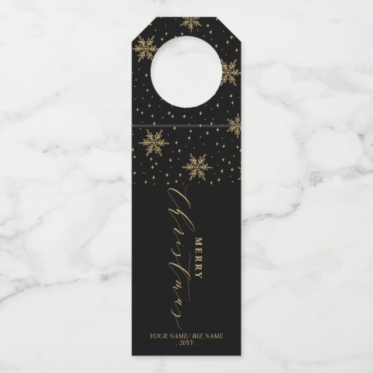 Goud & Zwart Modern Schrift Sneeuw Prettig Kerstfe Flessenhanger (Voorkant)