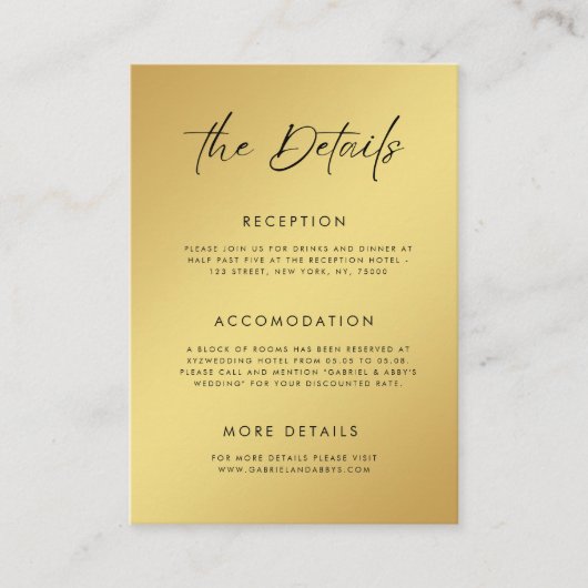 Goud & Zwart Modern Script Minimale bruiloft detai Informatiekaartje (Voorkant)