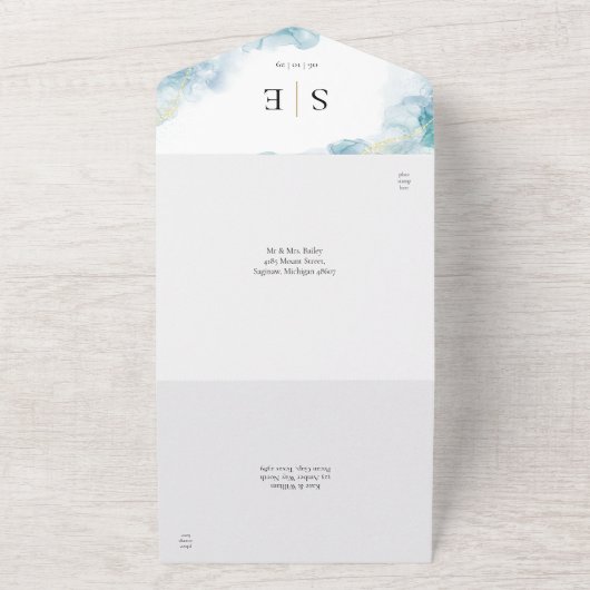 Goud Zwart Monogram Blauw Aquarel Trouwen All In One Uitnodiging (Buitenkant)