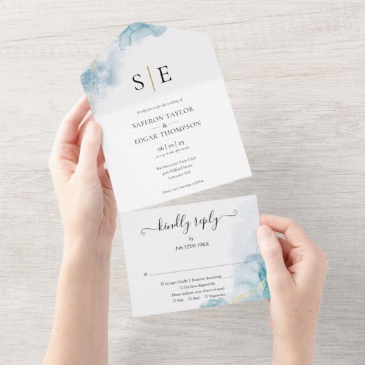 Goud Zwart Monogram Blauw Aquarel Trouwen All In One Uitnodiging (Afscheurbaar)