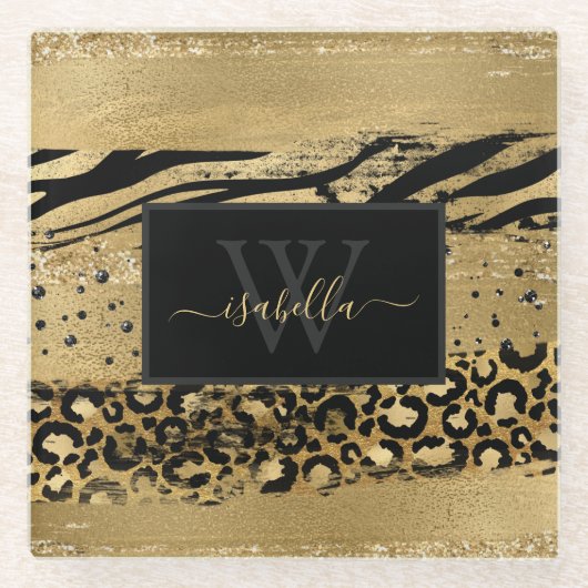 Goud Zwart Monogrammed Glazen Onderzetter (Voorkant)