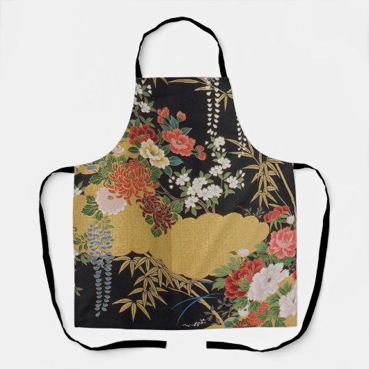 Goud Zwart Oosters Japans Kimono Bloemen Keuken Schort (Voorkant)