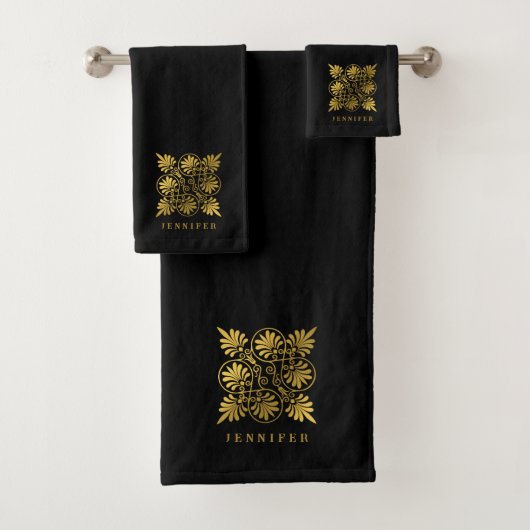 Goud Zwart Oud Grieks Meander Monogram Bad Handdoek (Insitu)