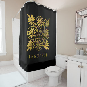 Goud Zwart Oud Grieks Meander Monogram Douchegordijn
