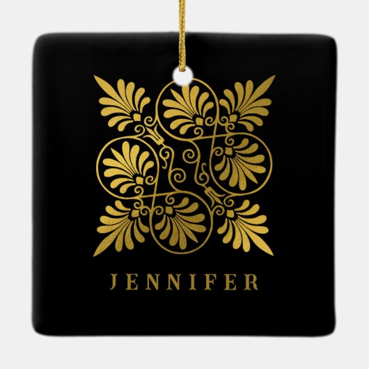 Goud Zwart Oud Grieks Meander Monogram Keramisch Ornament (Achterkant)