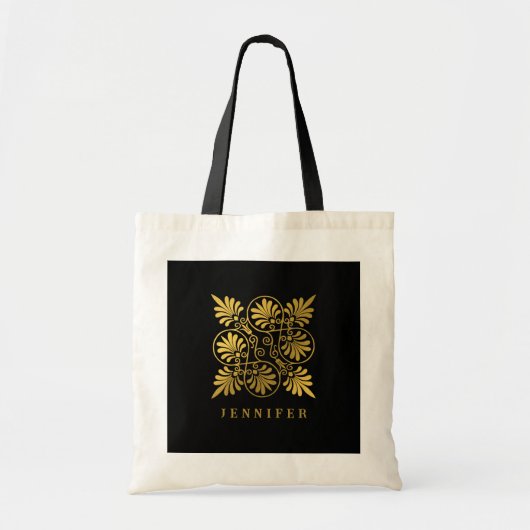 Goud Zwart Oud Grieks Meander Monogram Tote Bag (Voorkant)