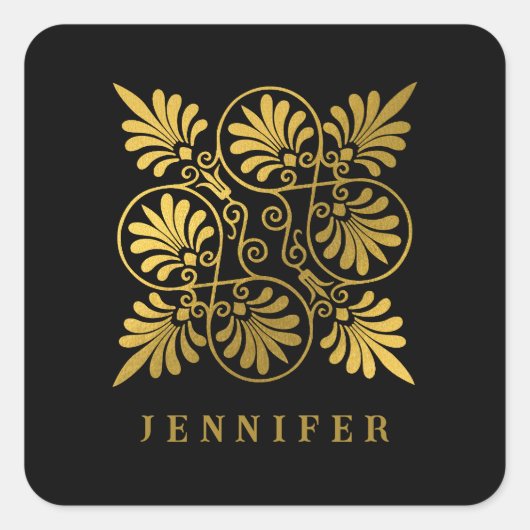 Goud Zwart Oud Grieks Meander Monogram Vierkante Sticker (Voorkant)