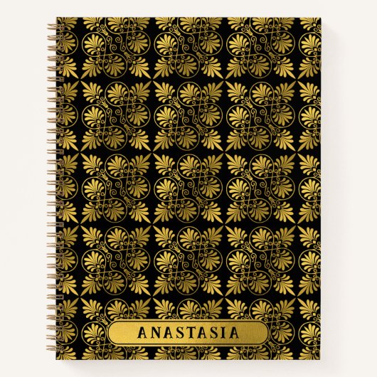 Goud Zwart Oudgrieks Meander Patroon Naam Notitieboek (Voorkant)