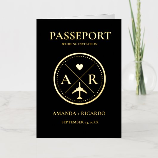 Goud & zwart paspoort bruiloft uitnodiging (Voorkant)
