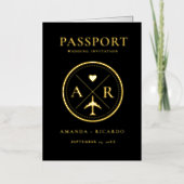 Goud & zwart paspoort bruiloft uitnodiging (Voorkant)