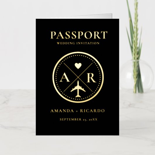 Goud & zwart paspoort bruiloft uitnodiging (Voorkant)