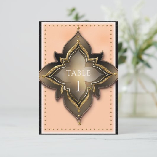 Goud Zwart & Perzik Exotisch Chic Feest Tafelnumme Kaart (Staand voorkant)