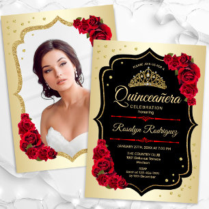 Goud Zwart Rood Foto Quinceanera Kaart