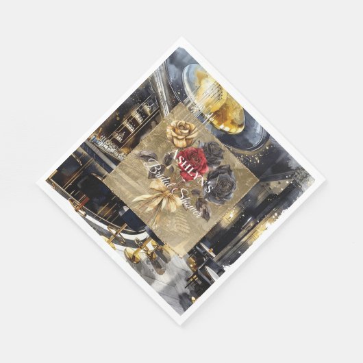 Goud Zwart Rood Nachtclub Bloemige Bruiloft Feest Servet (Hoek)