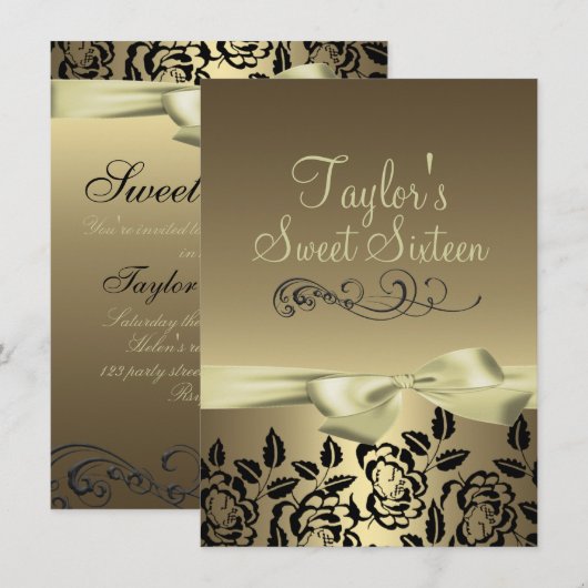 Goud/Zwart Roos & Boog Afbeelding Verjaardagsuitno Kaart (Voorkant / Achterkant)