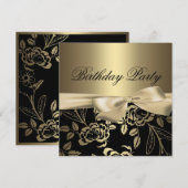Goud & Zwart Roos Leaf Bow Verjaardagsuitnodiging Kaart (Voorkant / Achterkant)