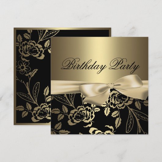 Goud & Zwart Roos Leaf Bow Verjaardagsuitnodiging Kaart (Voorkant / Achterkant)