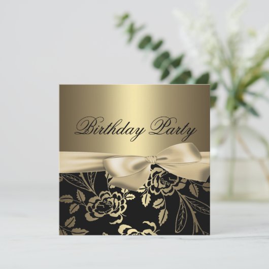 Goud & Zwart Roos Leaf Bow Verjaardagsuitnodiging Kaart (Staand voorkant)