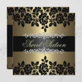 Goud & Zwart Roos Sweet 16 Verjaardagsuitnodiging Kaart (Voorkant / Achterkant)