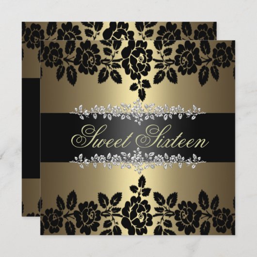 Goud & Zwart Roos Sweet 16 Verjaardagsuitnodiging Kaart (Voorkant / Achterkant)