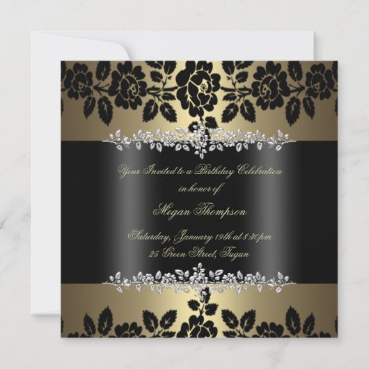 Goud & Zwart Roos Sweet 16 Verjaardagsuitnodiging Kaart (Achterkant)