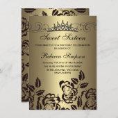 Goud & Zwart Roos & Tiara Verjaardagsuitnodiging Kaart (Voorkant / Achterkant)