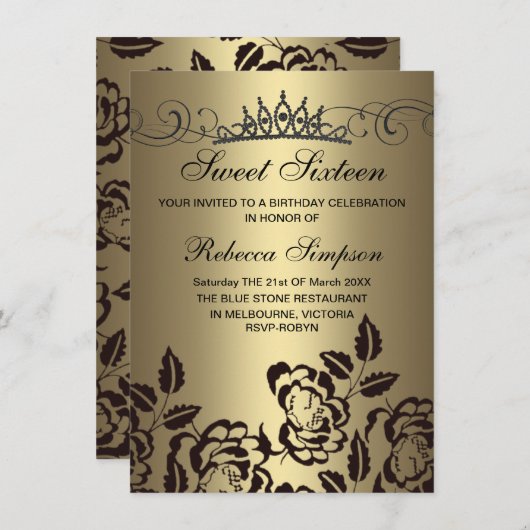 Goud & Zwart Roos & Tiara Verjaardagsuitnodiging Kaart (Voorkant / Achterkant)