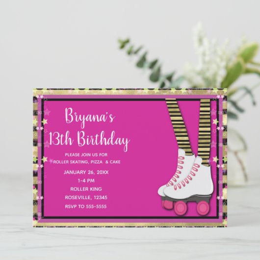 Goud Zwart & Roze Rolschaatsen Verjaardagsfeest Kaart (Staand voorkant)