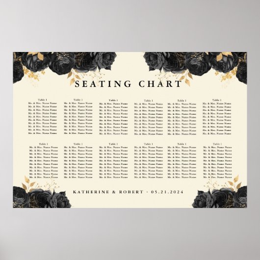 Goud Zwart Rozen Bruiloft Zitkaarten Poster (Voorkant)