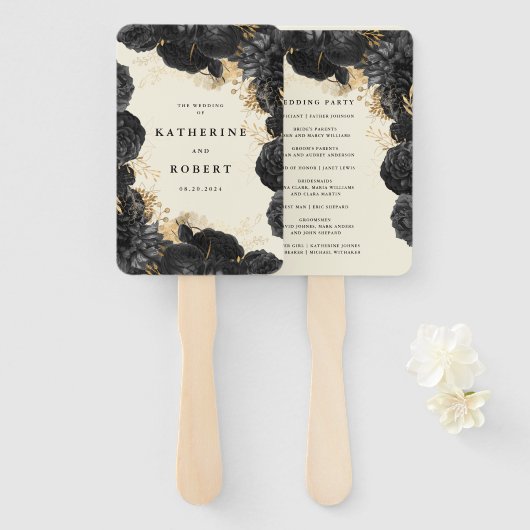 Goud Zwart Rozen Trouwprogramma Handwaaier (Voorkant en achterkant)