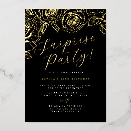 Goud Zwart Script Bloemensurprisefeest Folie Uitnodiging (Voorkant)