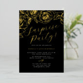Goud Zwart Script Bloemensurprisefeest Folie Uitnodiging (Staand Voorkant)