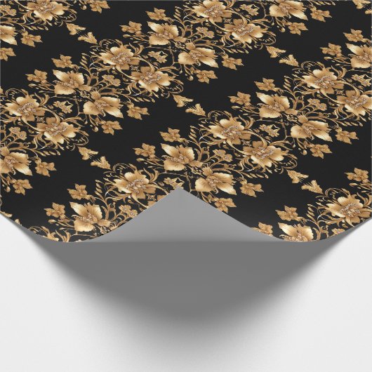 Goud Zwart Sierlijk Bloemmotief Inpakpapier (Hoek)
