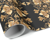 Goud Zwart Sierlijk Bloemmotief Inpakpapier (Rol Hoek)
