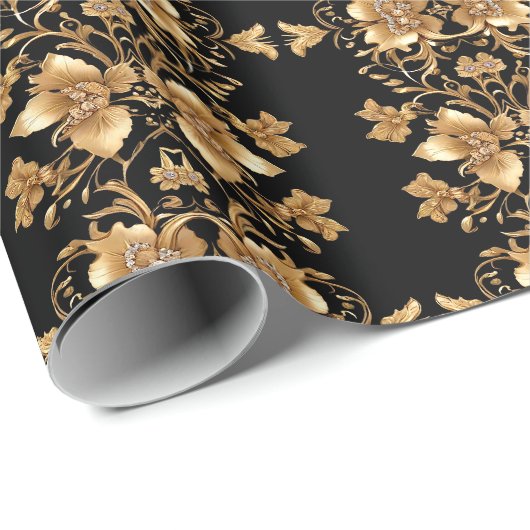 Goud Zwart Sierlijk Bloemmotief Inpakpapier (Rol Hoek)