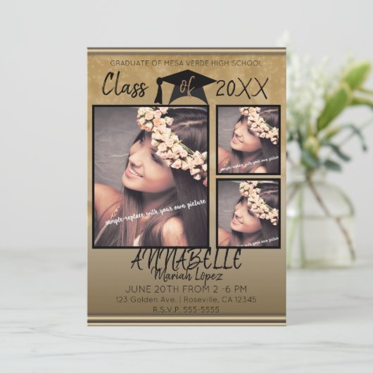 Goud Zwart Sparkle Afstuderen Afstuderen Party Fot Kaart (Staand voorkant)