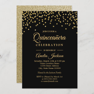 Goud Zwart Sparkle Confetti Quinceanera Invitation Kaart