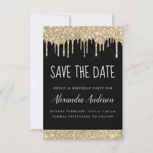 Goud Zwart Sparkle Glitter Sweet 16 Save the Date Kaart (Voorkant)