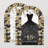 Goud Zwart Sparkle Jurk Quinceanera Ballon Kaart (Voorkant / Achterkant)
