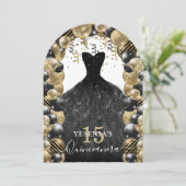 Goud Zwart Sparkle Jurk Quinceanera Ballon Kaart (Staand voorkant)
