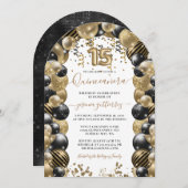 Goud Zwart Sparkle Quinceanera Ballon Uitnodiging (Voorkant / Achterkant)