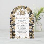Goud Zwart Sparkle Quinceanera Ballon Uitnodiging (Staand voorkant)