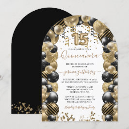 Goud Zwart Sparkle Quinceanera Ballon Uitnodiging