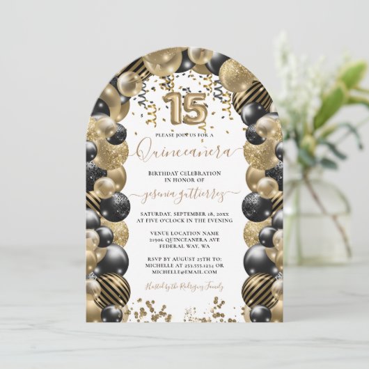 Goud Zwart Sparkle Quinceanera Ballon Uitnodiging (Staand voorkant)