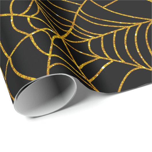 Goud Zwart Spin Webbing Spiderweb Halloween Cadeaupapier (Rol Hoek)