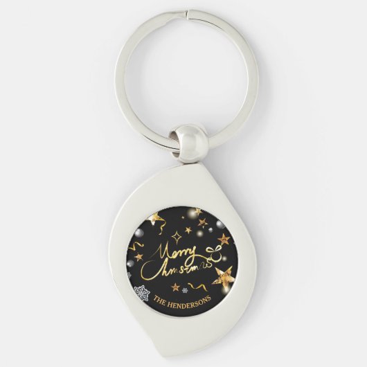 Goud Zwart Sterren Custom Vrolijk Kerstmis Sleutelhanger (Voorkant)