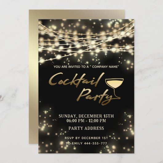 Goud zwart string lichten corporate Cocktail party Kaart (Voorkant / Achterkant)